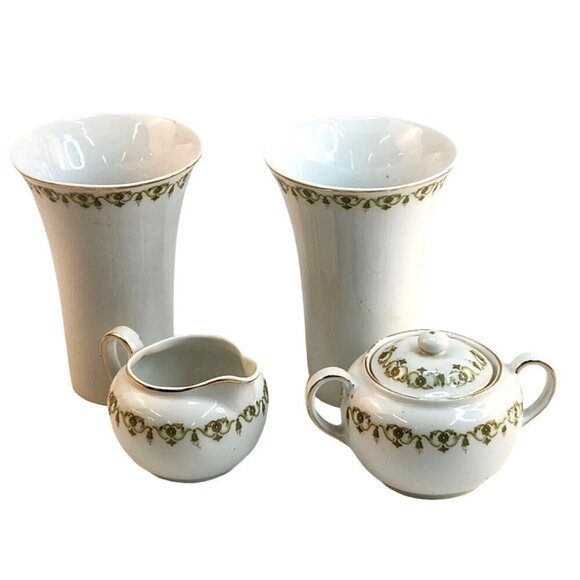 VTG Victoria Austria Green Floral Pattern  Gold edging sugar & creamer set with - Picture 1 of 16